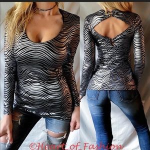 Metallic Silver Back Cutout Scoop Neck Fitted Top